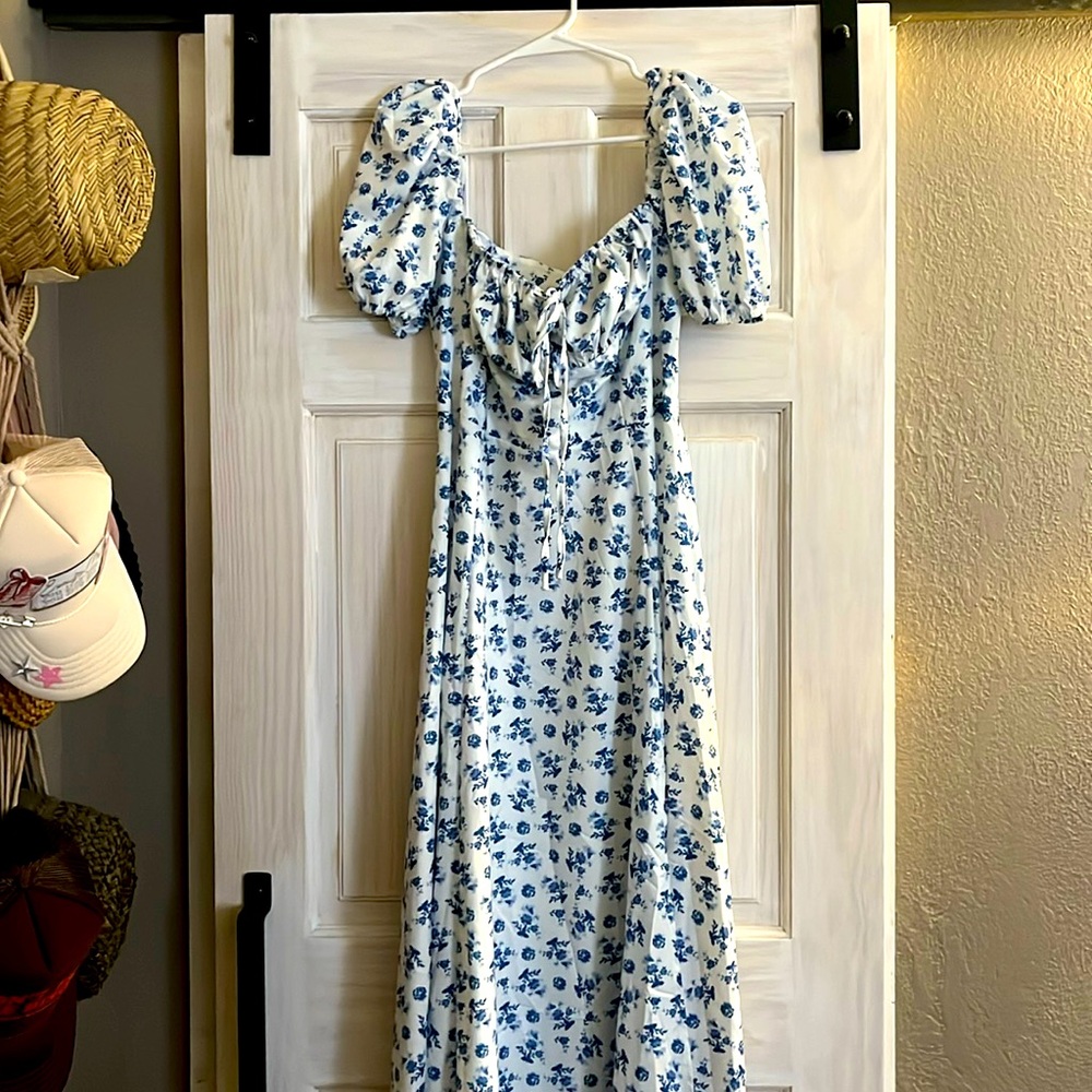 *SOLD*Blue floral milkmaid dress